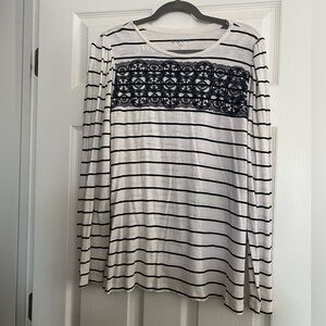 LOFT Black and White Striped Tee with Lace Large